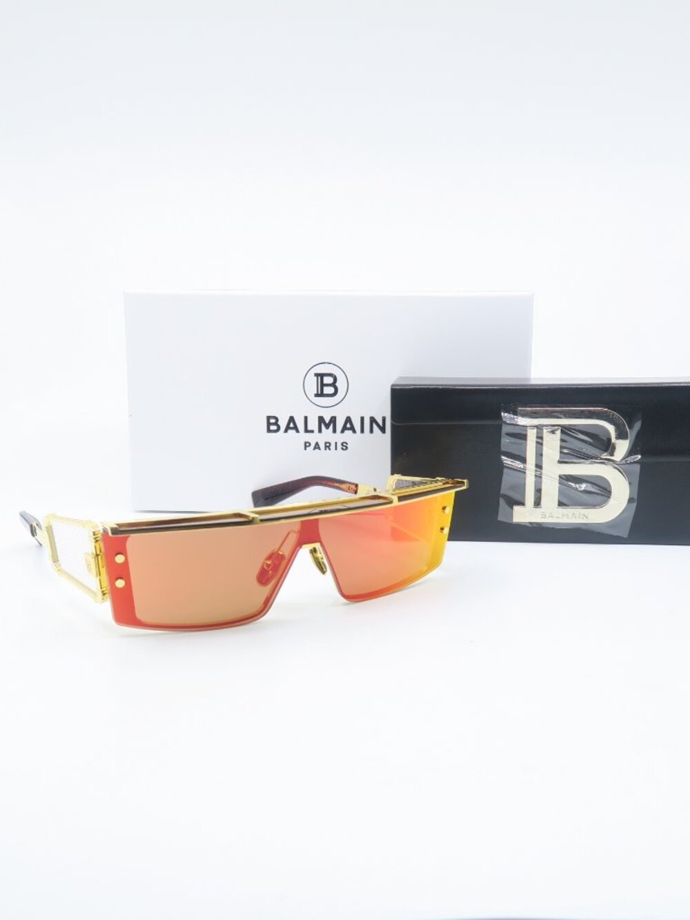 Balmain WONDER BOY III BPS-127C 145mm Gold & Red Shield New Unisex Sunglasses.